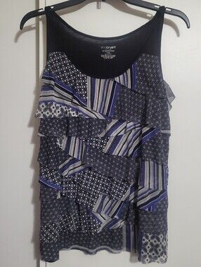 Lane Bryant Black, White & Blue Patterned Ruffle Tank